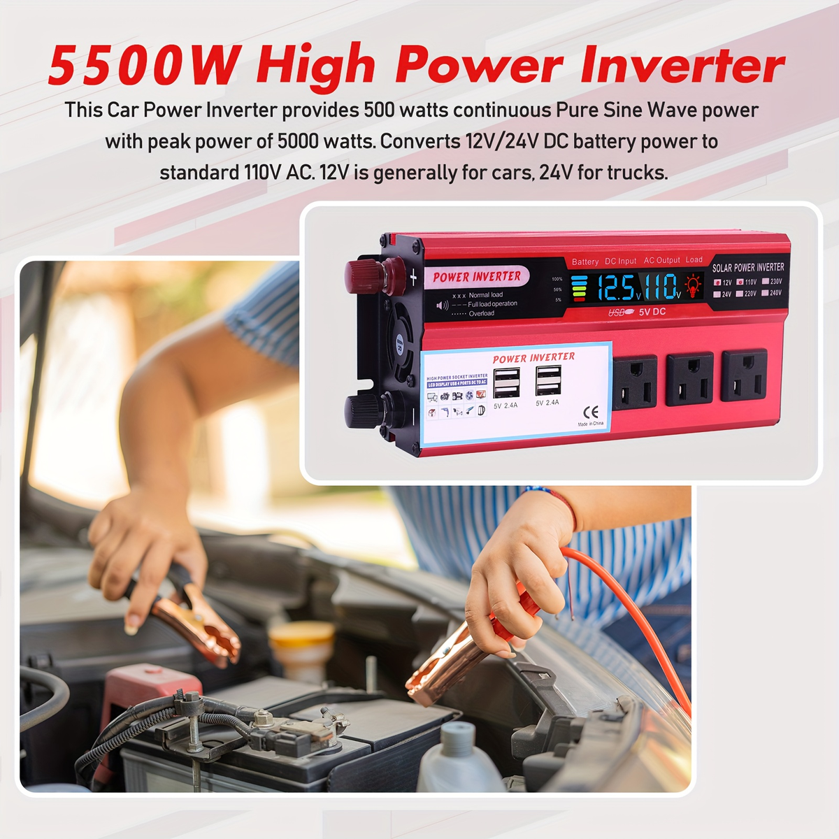 DC to AC Inverter 4000W 5500W 6500W 16000W Peak DC 12V to AC 110V High Power Car Inverter with USB Ports for Garden, Patio an