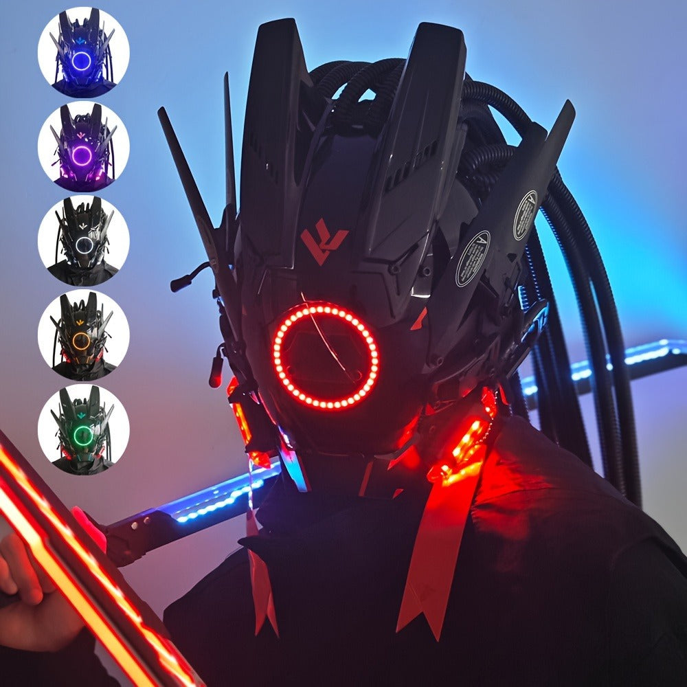 LED Braided Cyberpunk Costume Helmet with Circular Face Light and Blue, Green or Pink Accent Styles — image 1