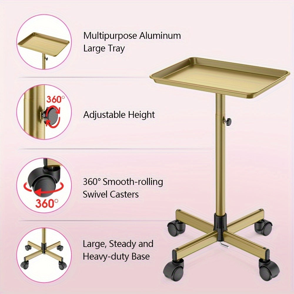 6-Color Premium Aluminum Salon Rolling Tray on Wheels – Adjustable Height Hairdresser Cart, Tattoo Tray, Spa Service Trolley 