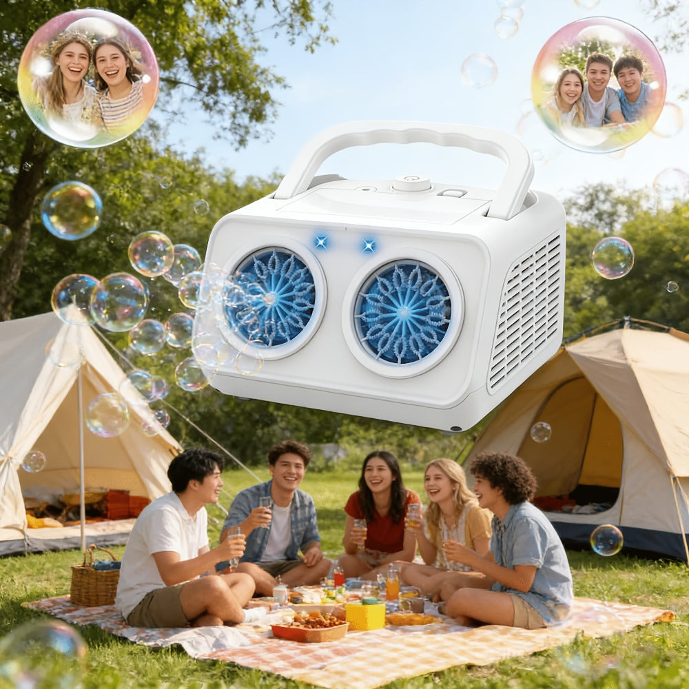 White Dual-Wheel Bubble Machine with Material Thickened Label, Handle, USB Port and Battery Compartment — image 12