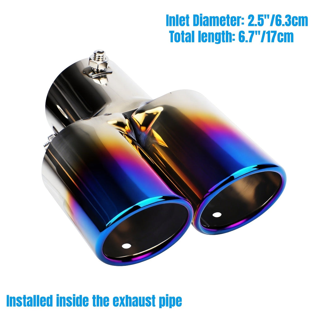 Dual Exhaust Tip 2.5" Inlet Stainless Steel Double Outlet Car Muffler Tailpipe Tip – Bolt-On Curved Bevel Port, Black & Blue 