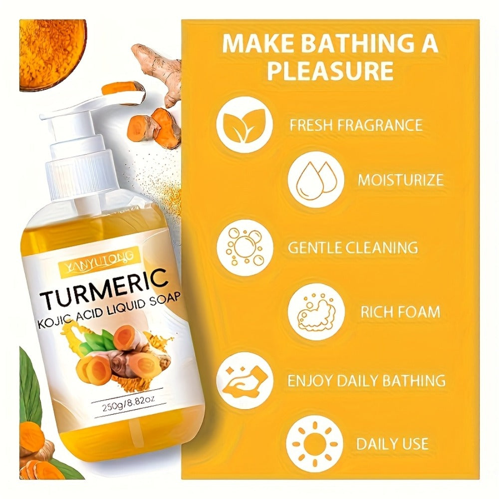 Turmeric Kojic Acid Liquid Soap 250g – Skin Brightening Body Wash for Dark Spots, Even Skin Tone, Deep Cleansing Rich Foam — 