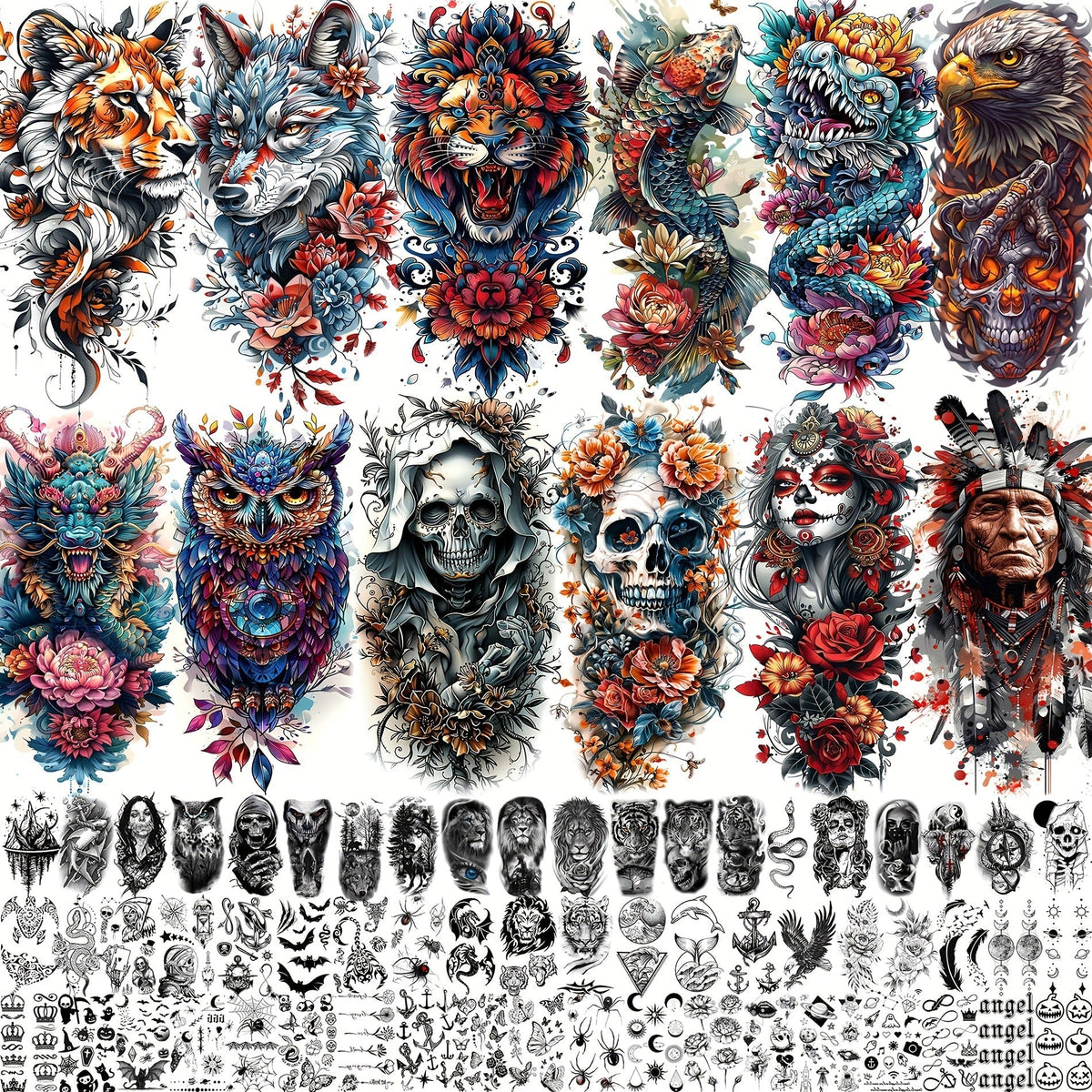 Temporary Tattoos, 71-Sheet Old School and Gothic Set with Tiger, Wolf, Lion, Dragon, Skull and Floral Motifs — image 10