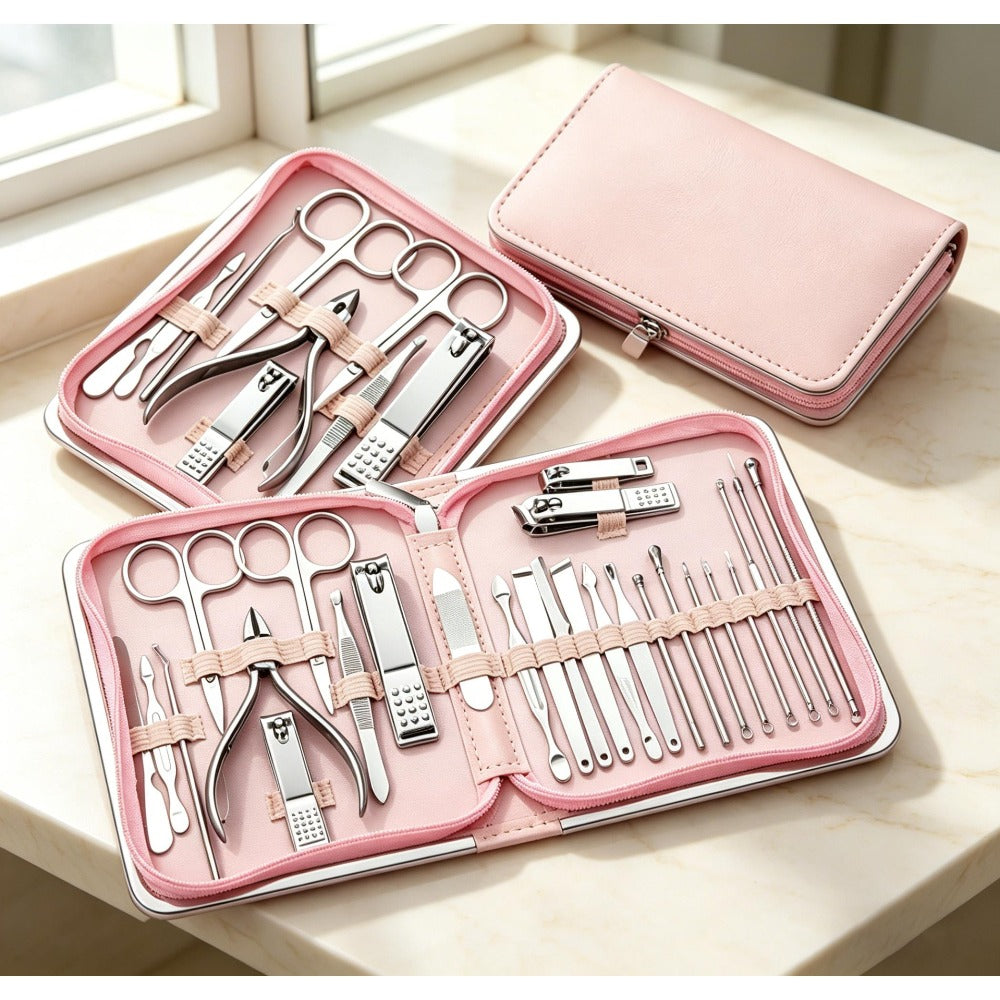 Manicure Pedicure Set 26pcs Pink Stainless Steel – Precision Nail Clippers Cuticle Nipper & Dead Skin Scissors 45° Blade Prof