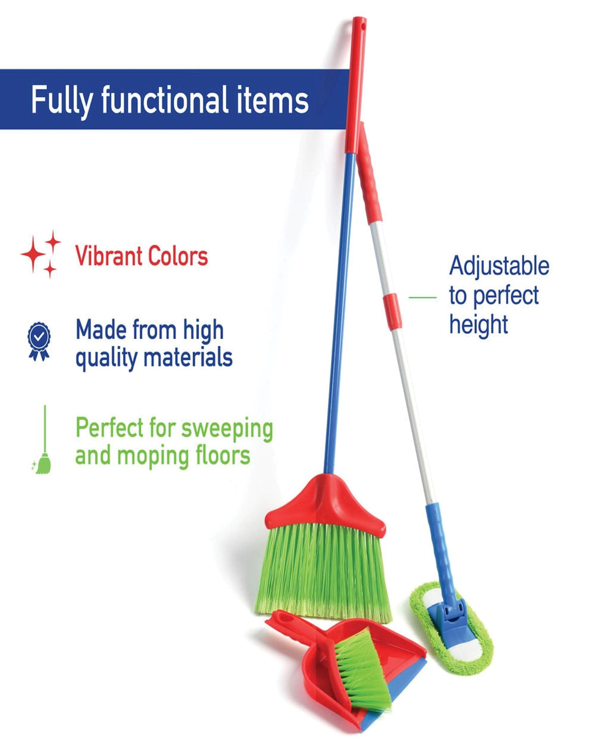 Kids Cleaning Set 4 Piece Toy Broom Mop Brush Dustpan, Pretend Play Housekeeping Kit for Toddlers Boys Girls — image 9