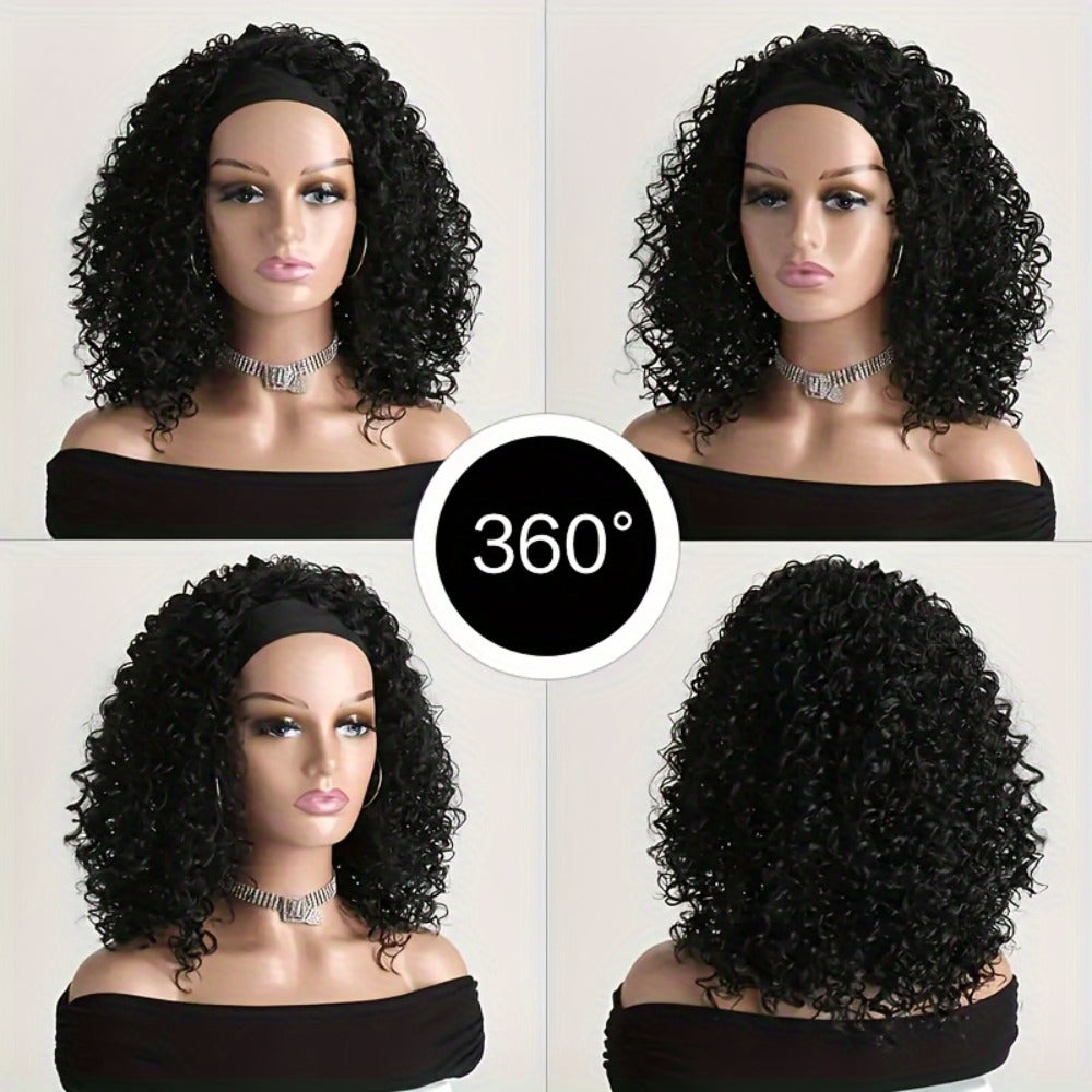 Headband Wig Curly Wavy for Women Black Synthetic Glueless No Lace – Elastic Cap Heat Resistant Beginner Friendly for Daily W