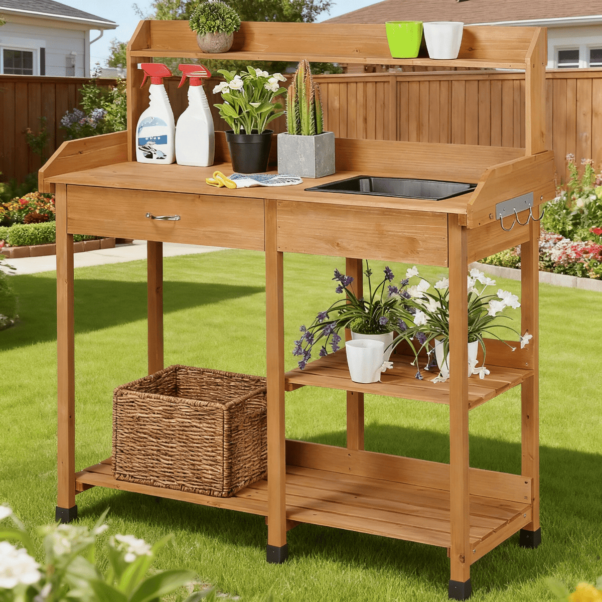 Garden Potting Table 4-Tier with Removable Sink, Adjustable Shelf, Drawer & Side Hooks, Outdoor Planter Stand for Yard Greenh