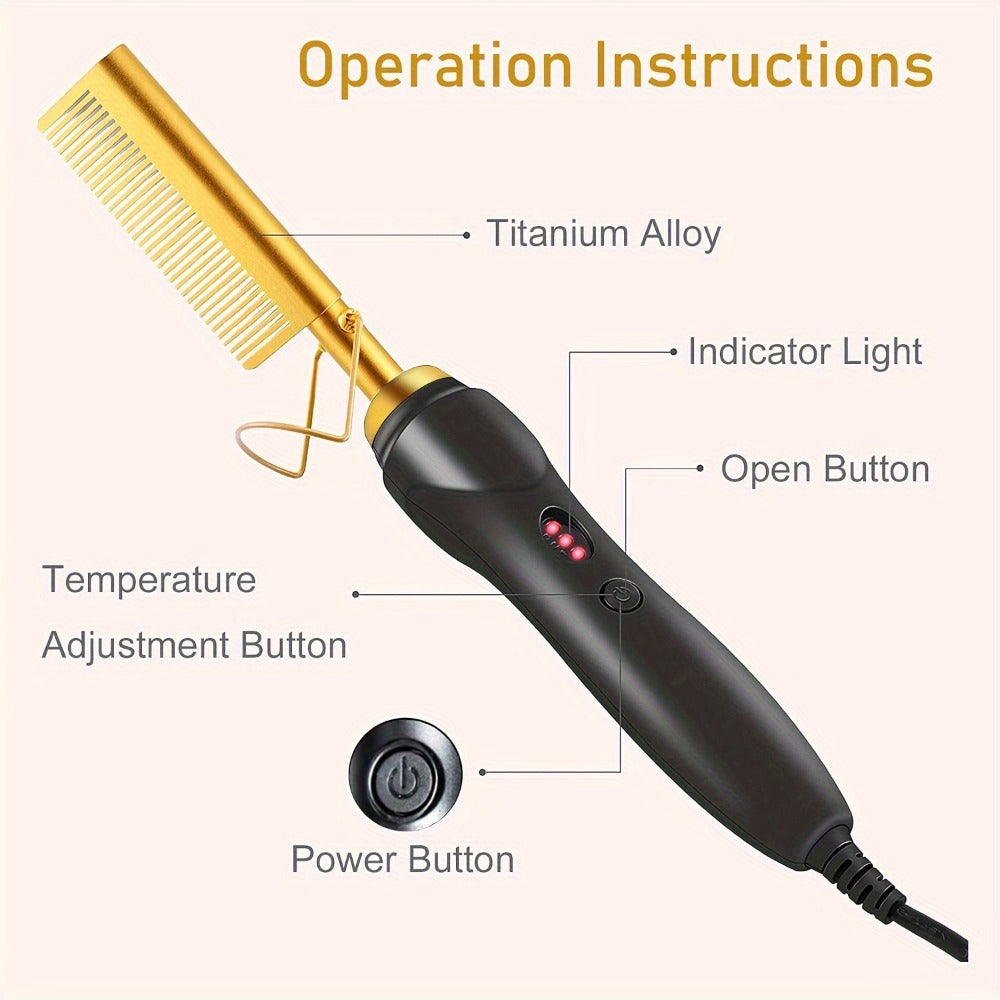 Electric Hot Comb Hair Straightener with Gold Titanium-Alloy Teeth, Detachable Guard and Adjustable Heat Controls — image 3