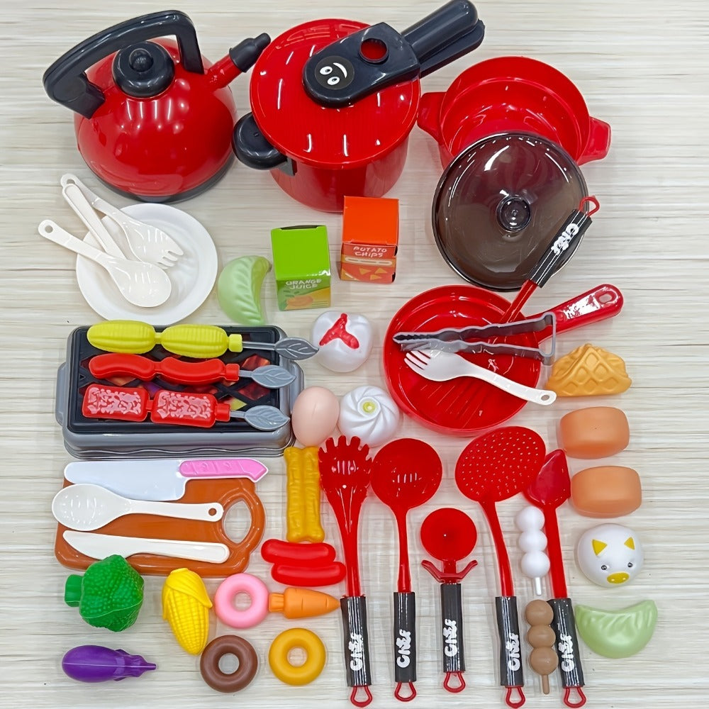 Pretend Play Kitchen Set for Kids, 51PCS Toy Cooking Utensils, Tableware & Play Food for Home Cooking, Dining and Outdoor Mea