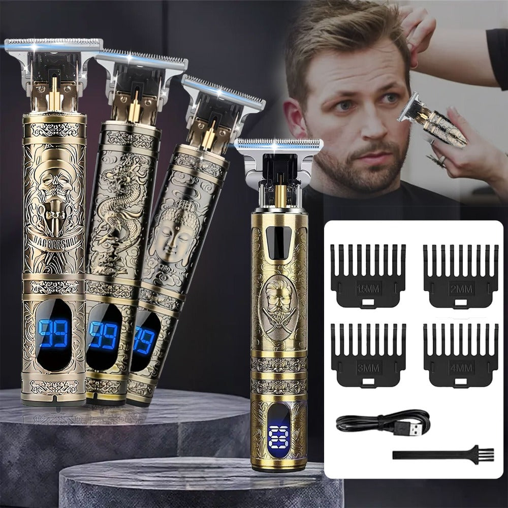 Hair Clippers & Trimmers Vintage Gold T-Blade Model with LCD Display, USB Charging and Three Etched Designs — image 1