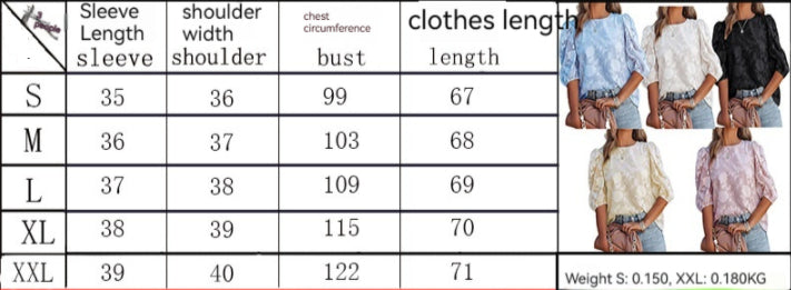 Women's Puff Sleeve Chiffon Loose Top Flower Texture Shirt