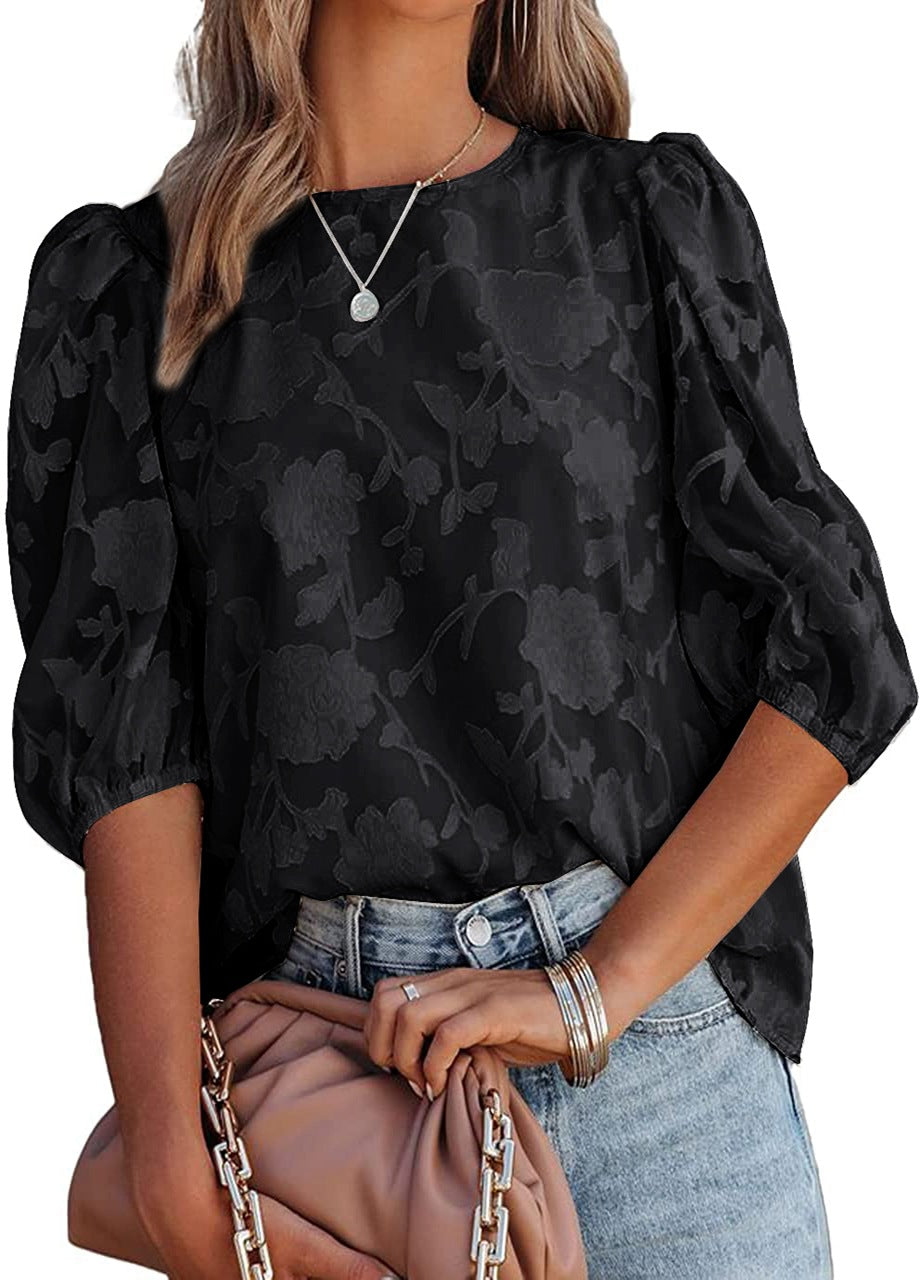 Women's Puff Sleeve Chiffon Loose Top Flower Texture Shirt