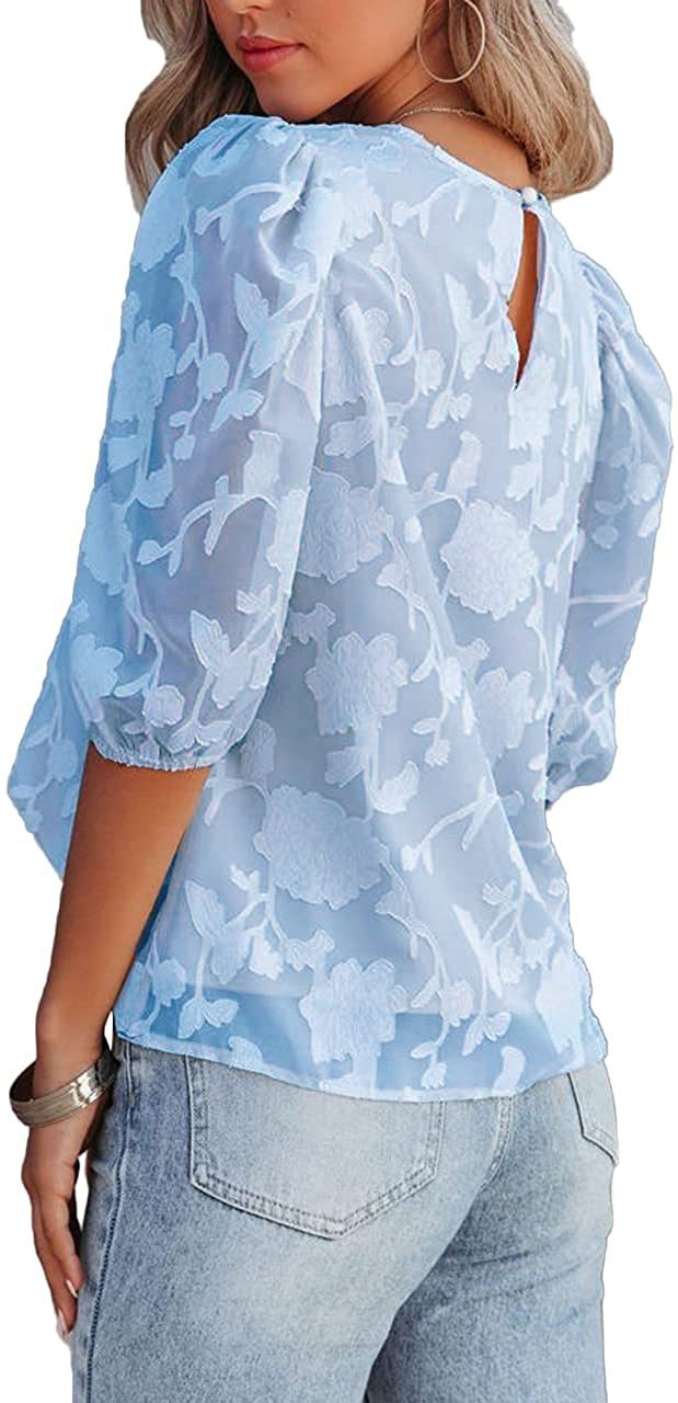 Women's Puff Sleeve Chiffon Loose Top Flower Texture Shirt