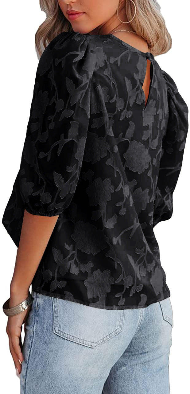 Women's Puff Sleeve Chiffon Loose Top Flower Texture Shirt