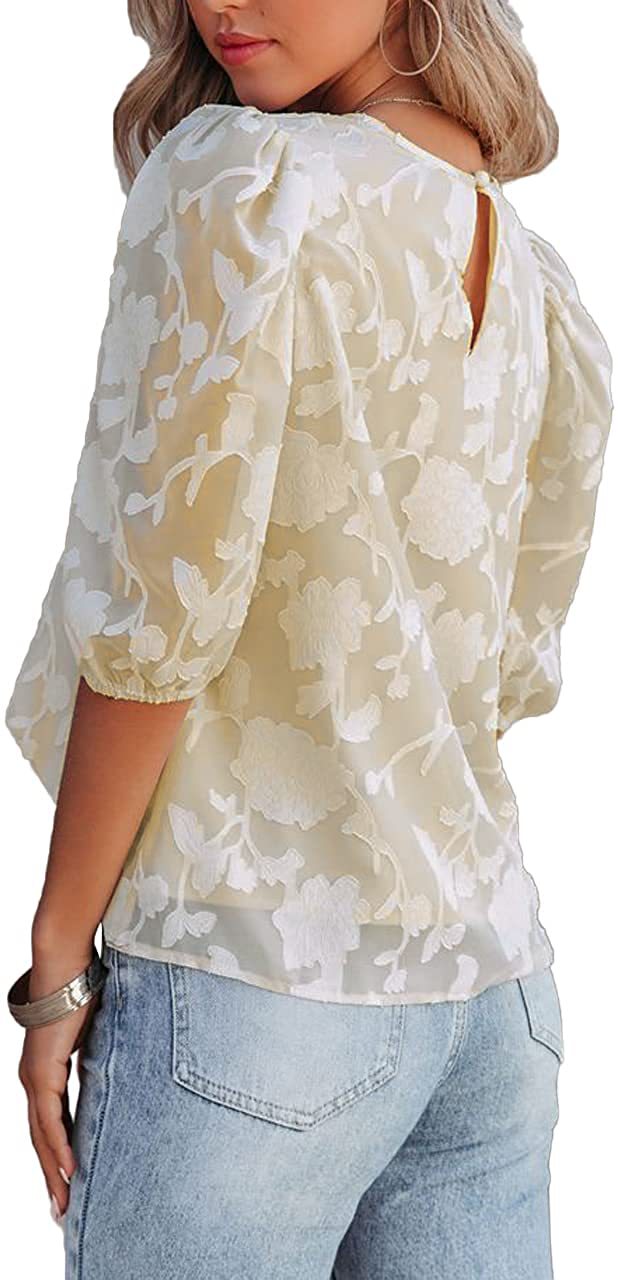 Women's Puff Sleeve Chiffon Loose Top Flower Texture Shirt