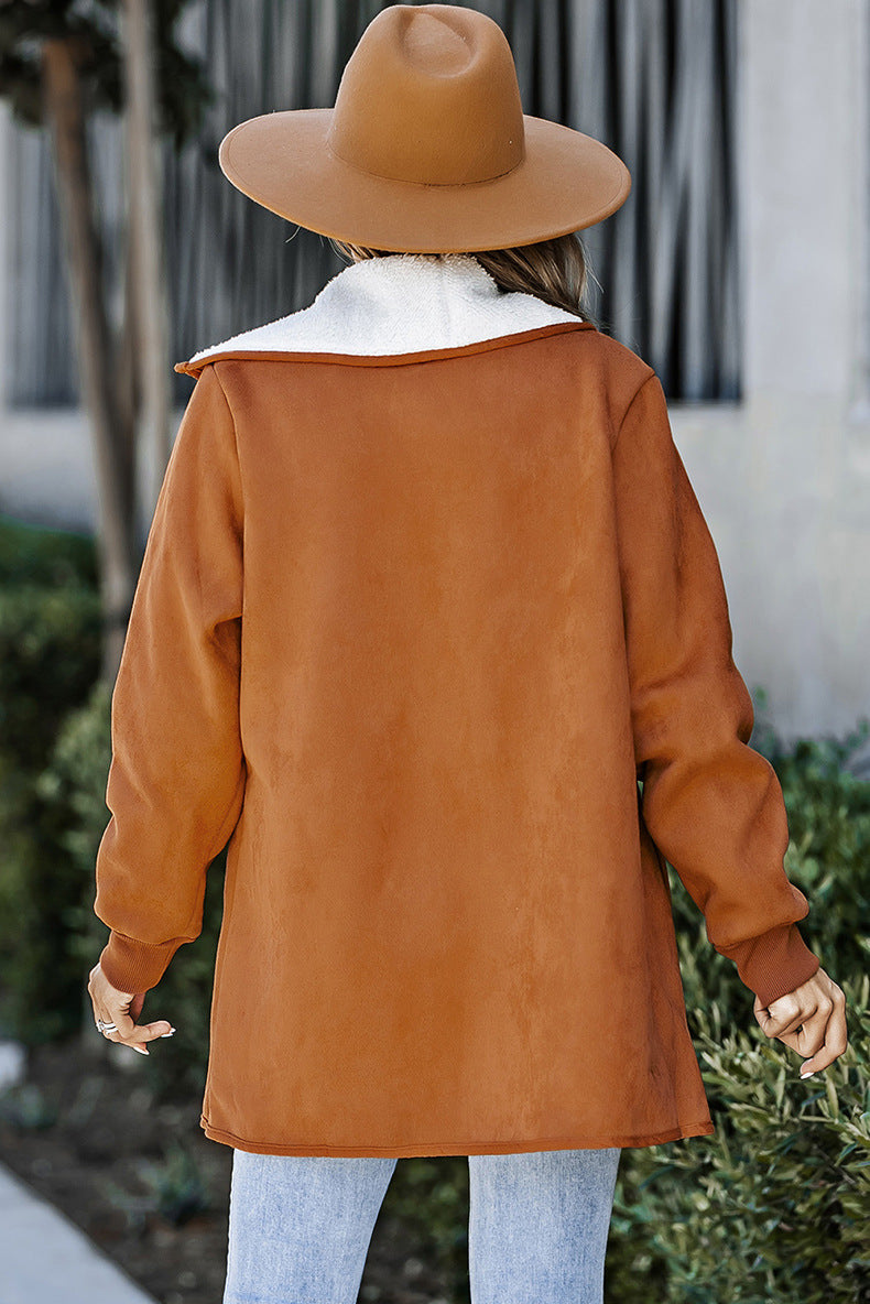Pure Color Suede Jacket Long Loose Lapel Long Sleeves Coat For Women