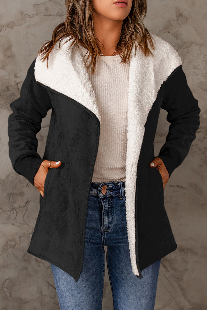 Pure Color Suede Jacket Long Loose Lapel Long Sleeves Coat For Women