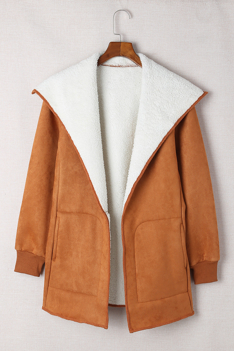 Pure Color Suede Jacket Long Loose Lapel Long Sleeves Coat For Women
