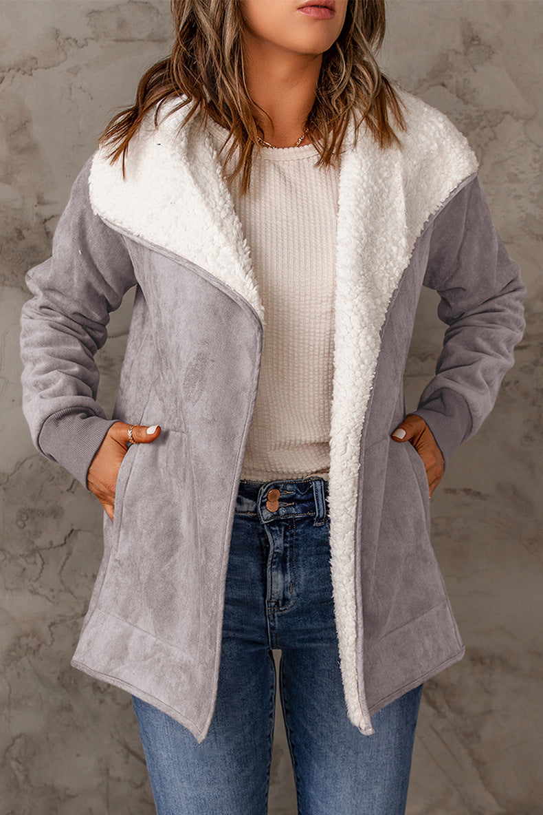 Pure Color Suede Jacket Long Loose Lapel Long Sleeves Coat For Women