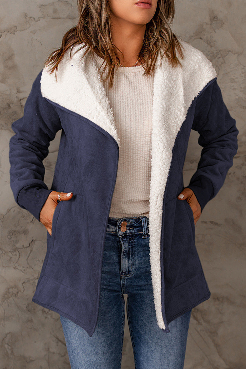 Pure Color Suede Jacket Long Loose Lapel Long Sleeves Coat For Women