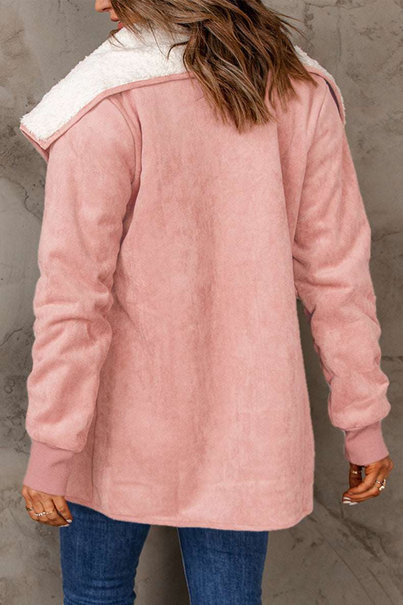 Pure Color Suede Jacket Long Loose Lapel Long Sleeves Coat For Women