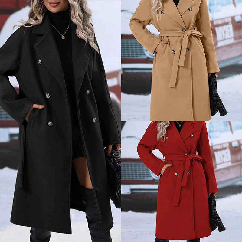 Lapel Double-breasted Trench Coat With Belt Winter Fashion Solid Color Long Jacket Outwear Women Clothing