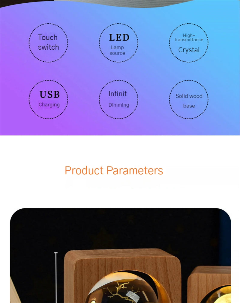 Beech Crystal Ball Night Light 3D Laser Engraving Elk Jellyfish LED Nightlights USB Dimmable Lamp For Bedroom Decoration Gifts Home Decor