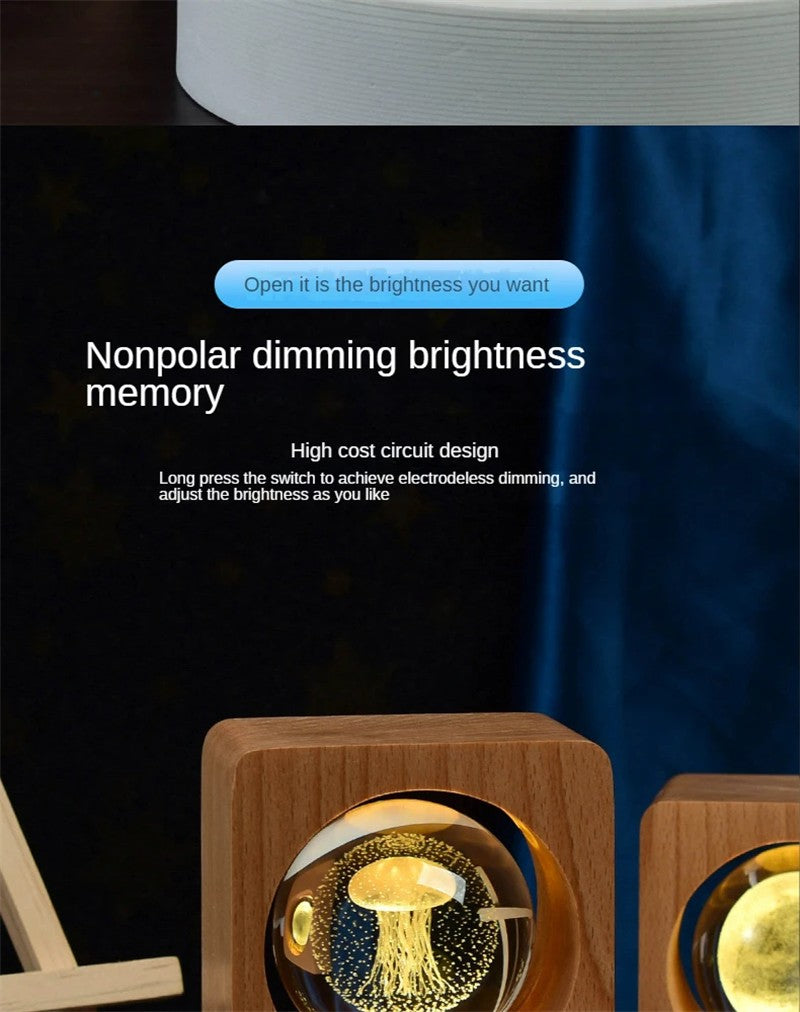 Beech Crystal Ball Night Light 3D Laser Engraving Elk Jellyfish LED Nightlights USB Dimmable Lamp For Bedroom Decoration Gifts Home Decor