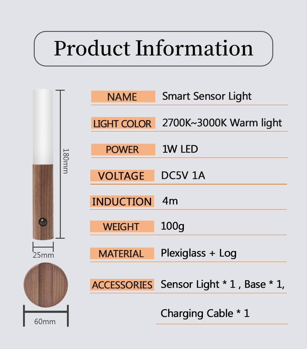 Auto LED USB Magnetic Wood Wireless Night Light Corridors Porch Lights PIR Motion Sensor Wall Light Cabinet Lamp