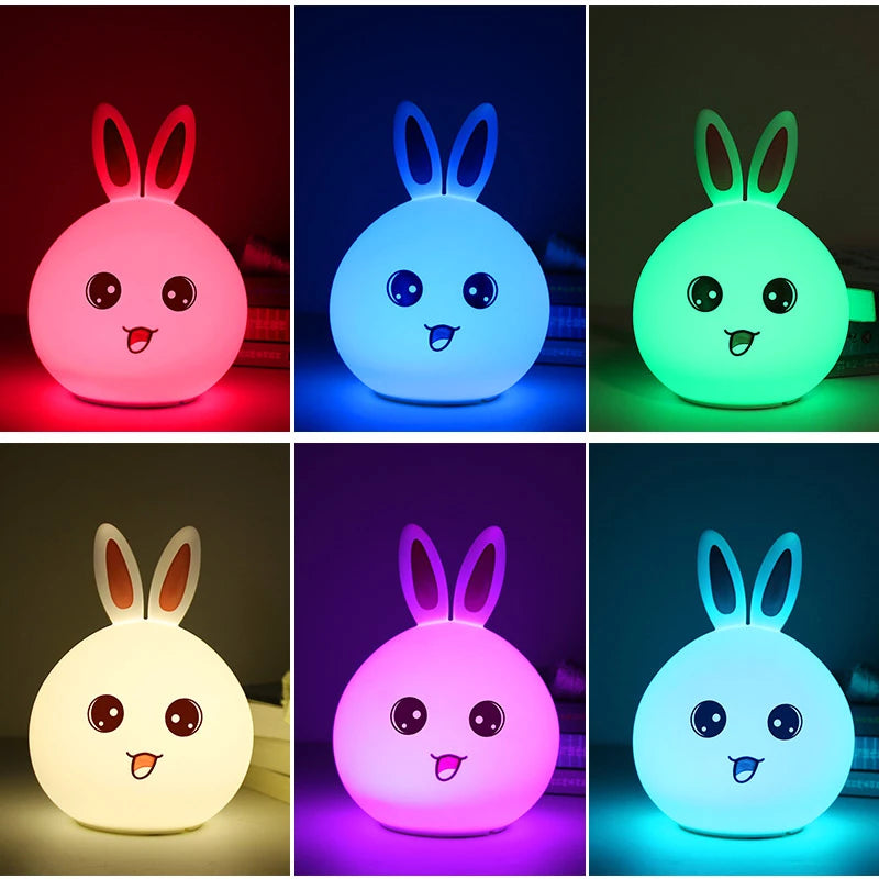 Cute Night Light Animal Rabbit Night lamps Touch Sensor Silicone LED Colorful Lights