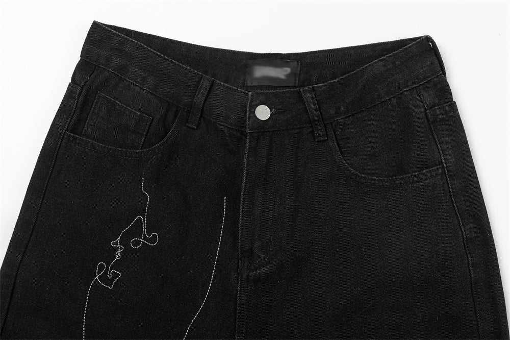 Line Embroidery Straight Jeans Men
