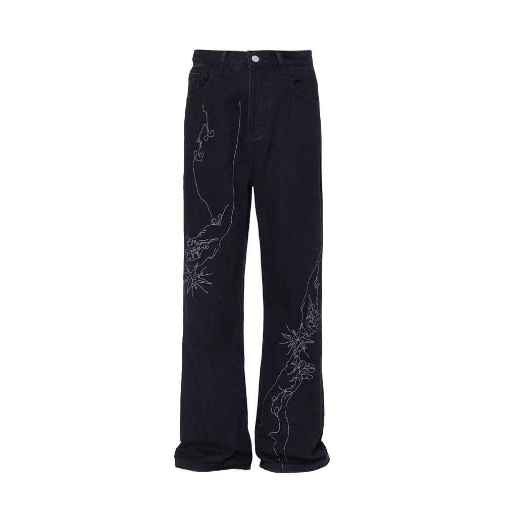 Line Embroidery Straight Jeans Men