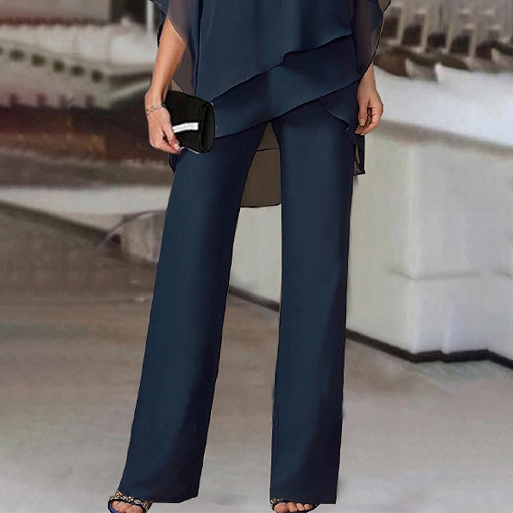 Solid Loose Irregular Suits Batwing Sleeve Top And Straight Trousers Outfits Womens Clothing