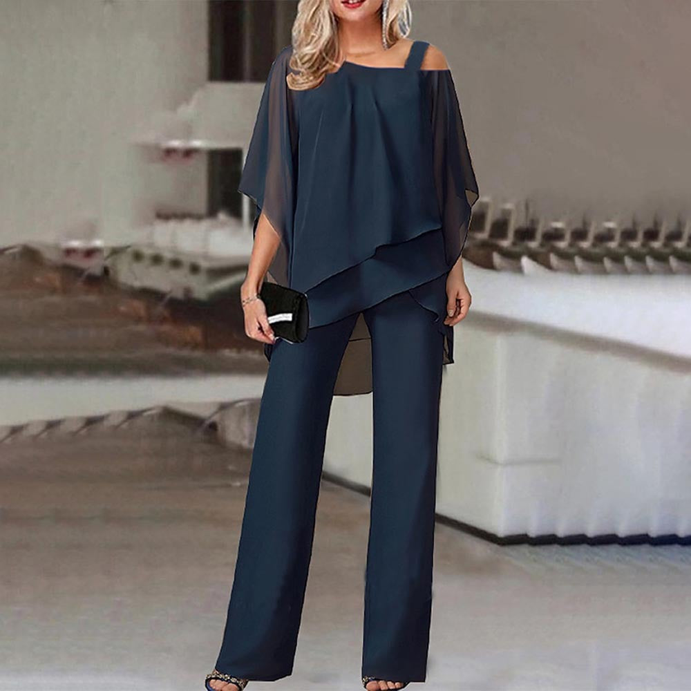 Solid Loose Irregular Suits Batwing Sleeve Top And Straight Trousers Outfits Womens Clothing