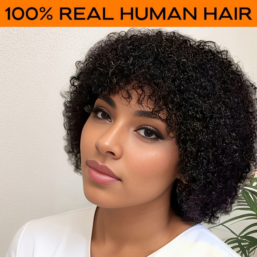 6-Inch Kinky Curly Afro Human Hair Wig with Glueless Cap and Deep Grey, Camel or Ginger Color — image 1