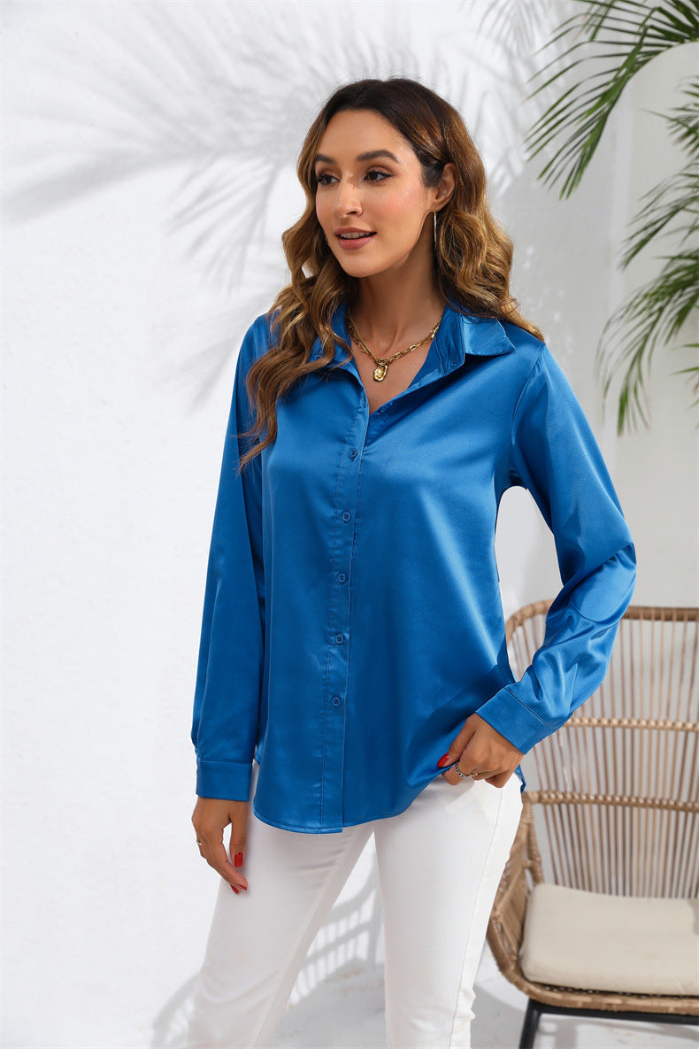 Women's Solid Color Satin Satin Long Sleeve Blouse