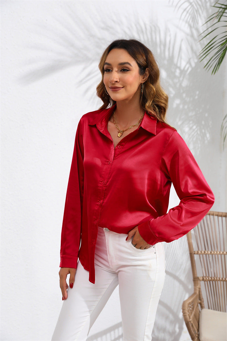 Women's Solid Color Satin Satin Long Sleeve Blouse
