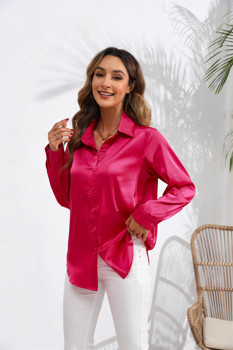 Women's Solid Color Satin Satin Long Sleeve Blouse