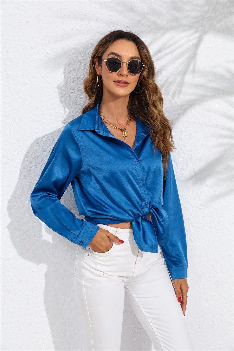 Women's Solid Color Satin Satin Long Sleeve Blouse