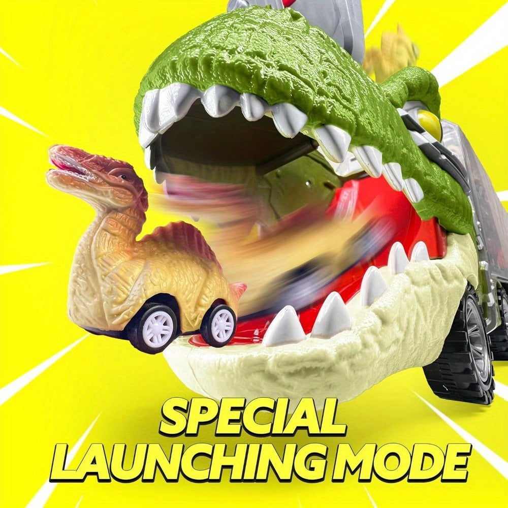 Dinosaur Truck Toy Set 13 PCS, Transport Carrier Truck with Lights & Sounds + 8 Pull-Back Cars + 3 Die-Cast Dino Vehicles + H