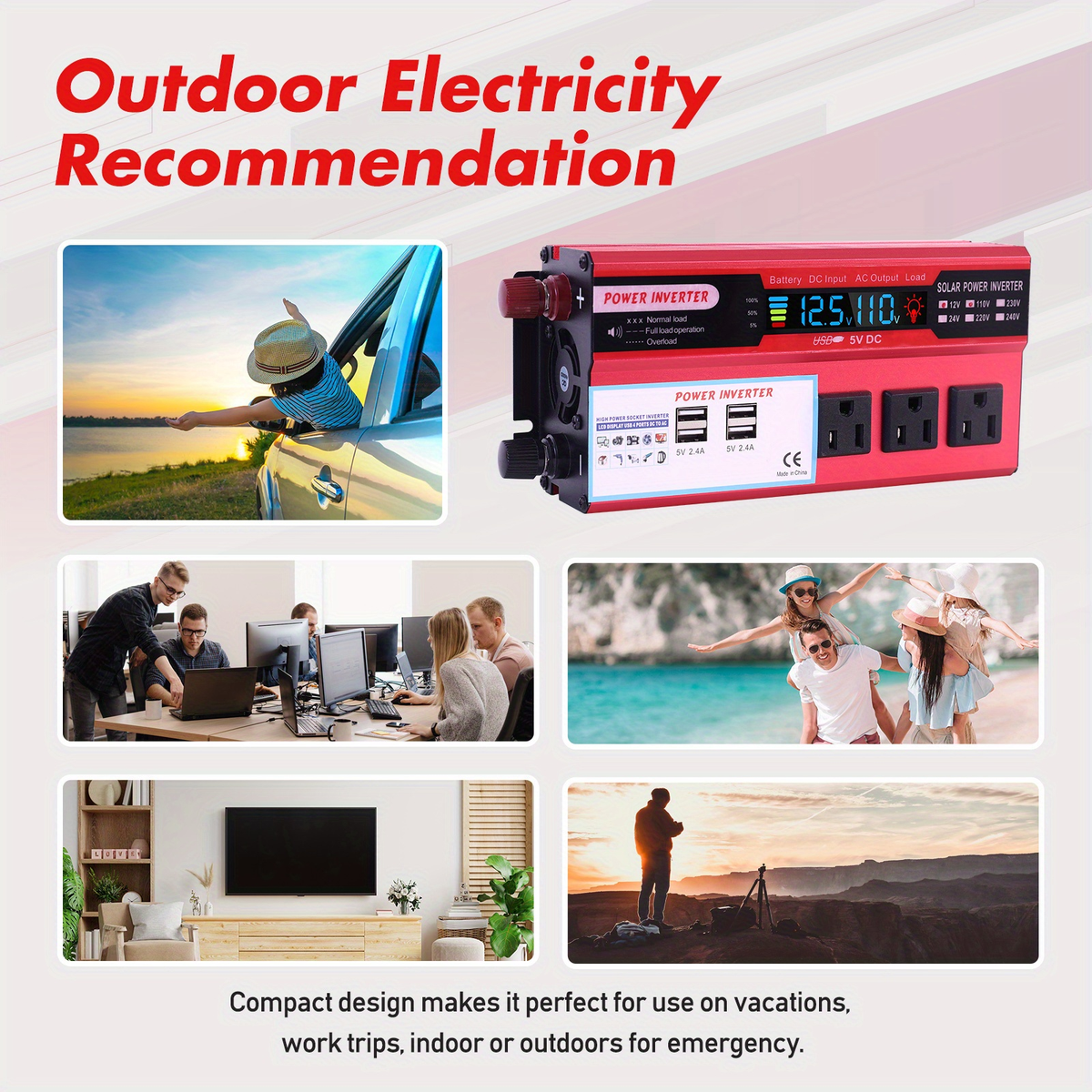 DC to AC Inverter 4000W 5500W 6500W 16000W Peak DC 12V to AC 110V High Power Car Inverter with USB Ports for Garden, Patio an