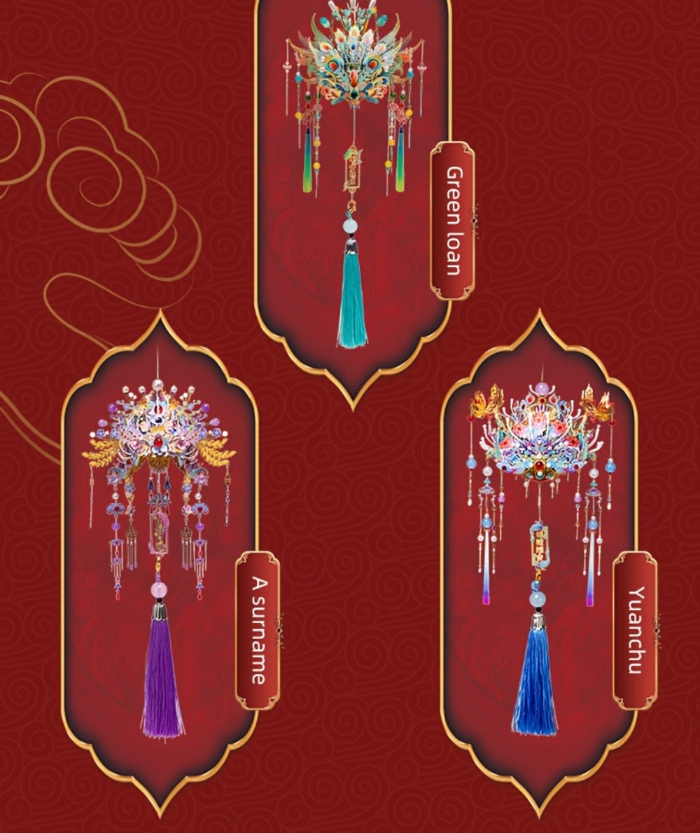 3D Metal Puzzle Phoenix Crown Qingluan – Blue & Gold DIY Assembly with Beads & Tassels, Chinese Mythology Art Collectible — i