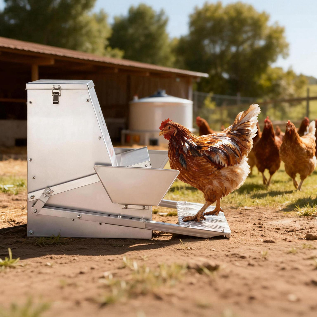 Chicken Feeder Treadle Galvanized Steel Lockable for Garden, Patio and Yard Use, with the Listed Configuration — image 9