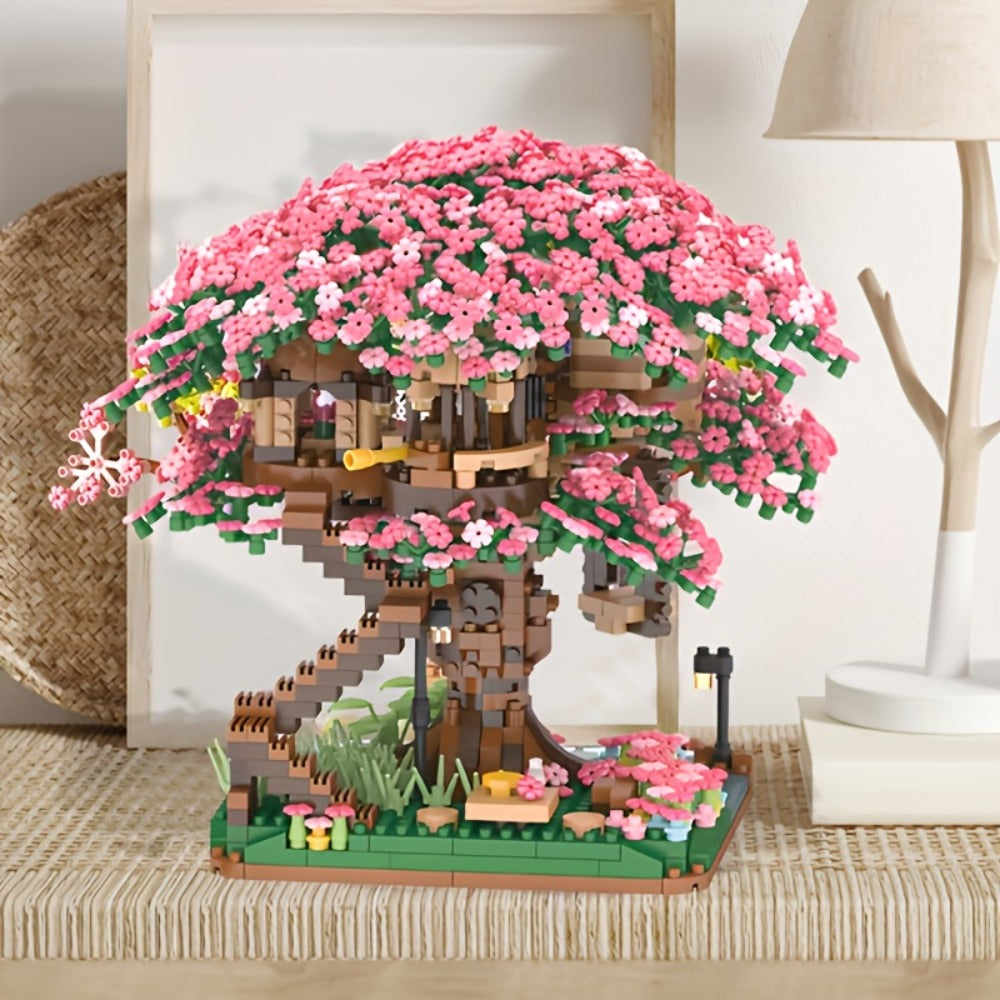 Building Block Set Cherry Blossom Tree House, 1020 or 2028 Micro Pieces with Pink Canopy and Base Display — image 11