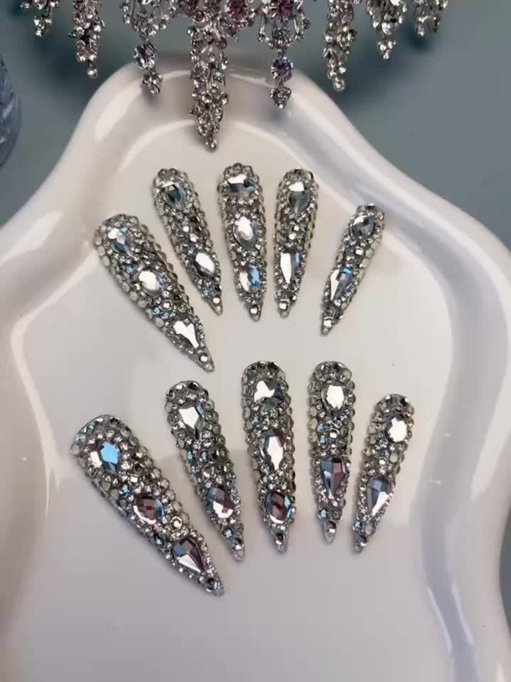 Press On Nails 10-Piece Extra-Long Pointed Almond Set with Silvery Rhinestones — image 10