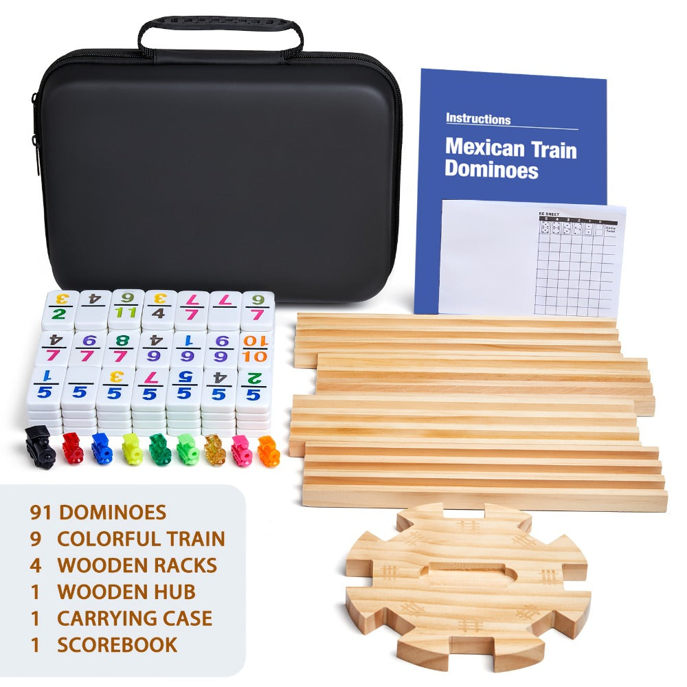 Mexican Train Dominoes Double 12 Set – 91 Colorful Tiles, 9 Metal Trains & 4 Wooden Racks, Complete Strategy Board Game with 