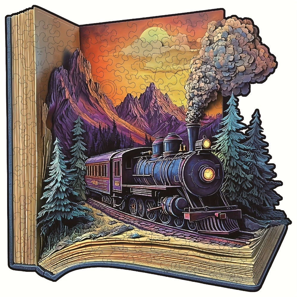 Galloping Train Wooden Jigsaw Puzzle with Book-Style Scene and 5.7 or 11.2 Inch Size Options — image 1