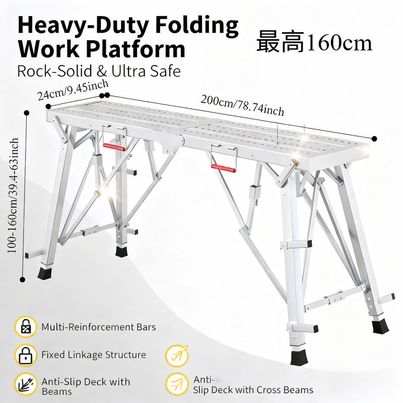 Aluminum Work Platform Height Adjustable Folding Portable Scaffold Bench Wide Base Safety Railing for Garden, Patio and Yard 