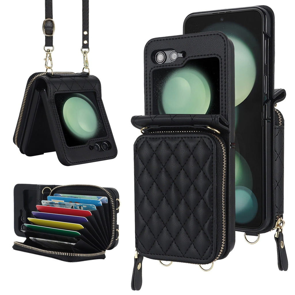 Suitable for Flip5 4 folding phone case fashion card insertion Samsung ZFlip6 crossbody small fragrant style phone leather cover - V.I.P Digital Presence