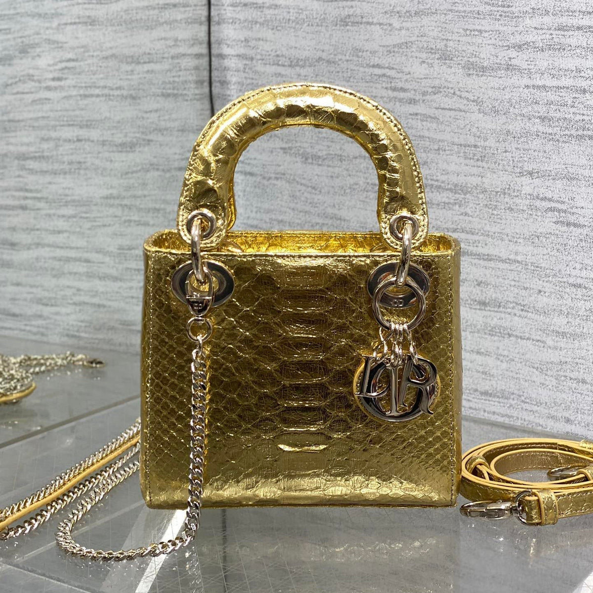 Dior Lady Women's Solid Color Metal Pendant Detachable Chain Shoulder Strap Snake Skin Single Shoulder Crossbody Handbag Bag Bags #77722